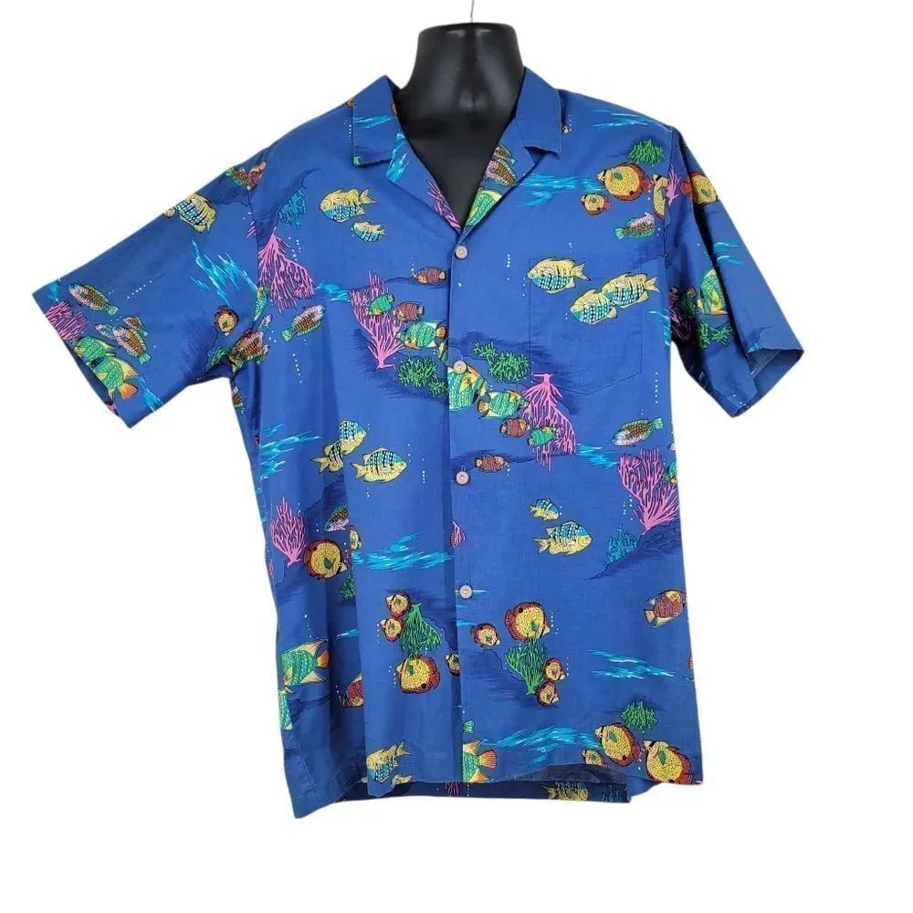 Paradise Found Hawaiian Blue Tropical Fish Print Men's Shirt Colorful Vintage